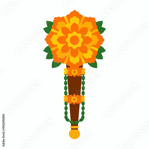 Hindu god weapon with decorative marigold flowers in orange