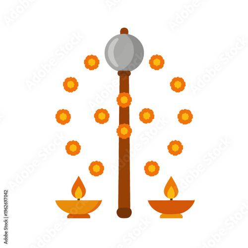 Religious staff with orange flowers and oil lamps on white