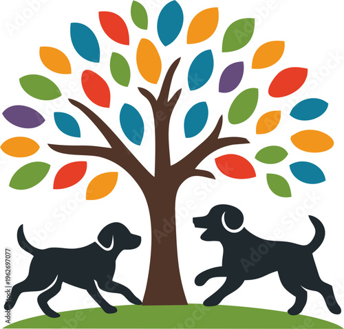 Illustration of two dogs playing in the park under a tree with colorful leaves