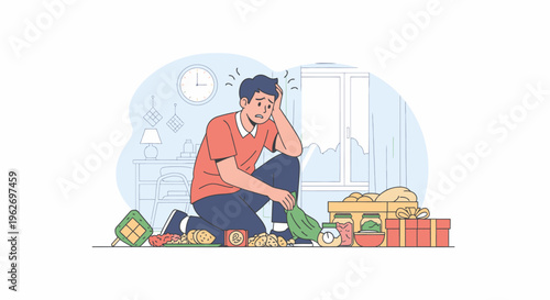 Man counting money among piles of coins and boxes.