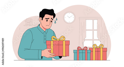 Man Holding Gift Box Among Colorful Presents.