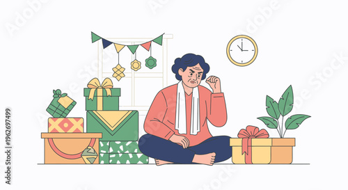 Man in orange shirt sitting among gifts meditating.