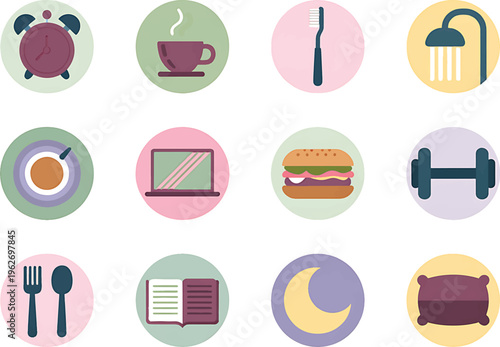 Twelve circular icons represent morning and evening self-care activities such as an alarm, coffee, toothbrush, shower, meal, laptop, burger, and dumbbell.