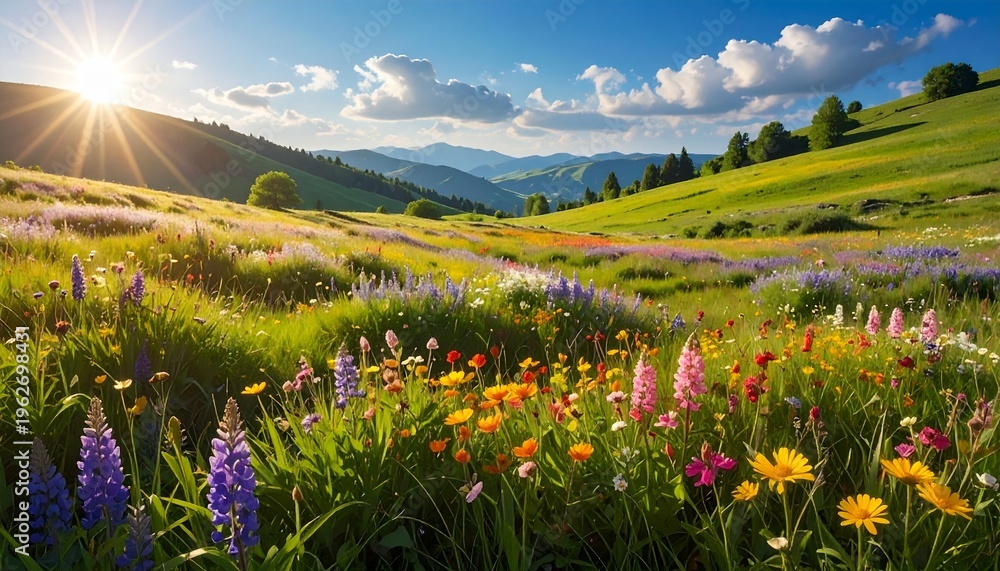 Fototapeta premium sunlit wildflower meadow in summer with mountain backdrop and golden sunlight