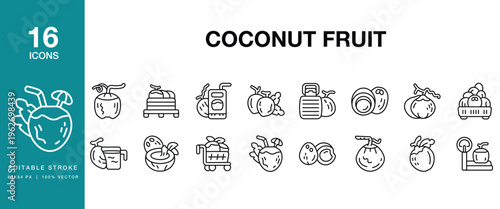 Coconut Fruit icon set. Includes coconut, fruit, tropical, fresh, food and More. Editable Stroke Icon Collection.