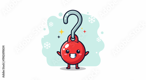 Friendly cartoon red mascot hanging from a hook.