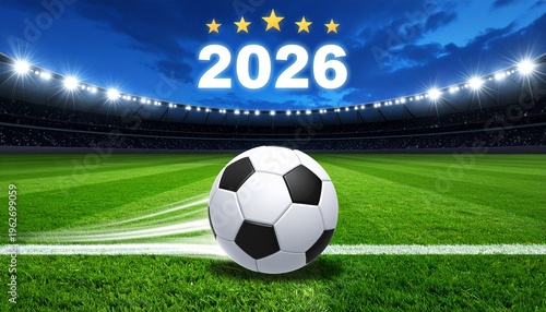 A soccer ball on a stadium field with bright lights, 2026 text, and five stars in the night sky.