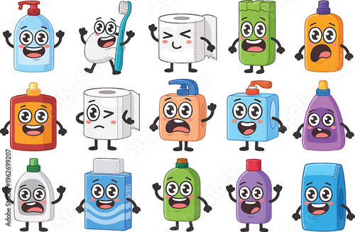 Various kitchen and household objects such as a cup, scissors, camera, and umbrella are displayed in a neat grid format using a soft, muted color palette and defined outlines.