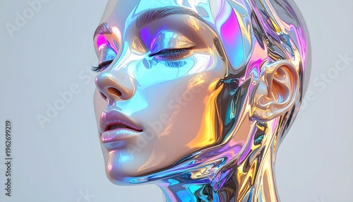 Polished, futuristic human bust with closed eyes, reflecting vibrant neon colors, against white