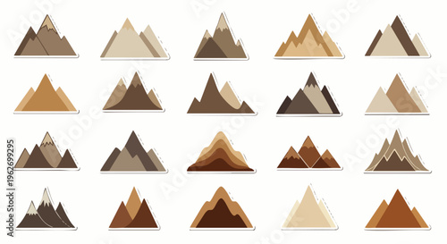 Collection of diverse stylized mountain icons in flat design, showcasing various peaks and ranges in earthy tones, perfect for nature, travel, or outdoor adventure themes.