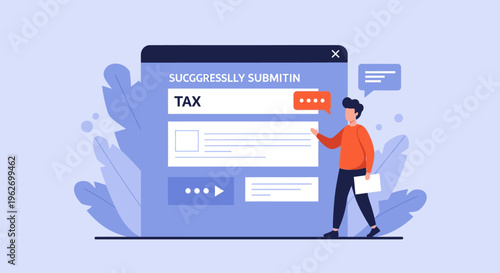 Illustration of a man interacting with a large mobile device screen displaying a tax form submission interface with a purple background and leafy design elements.