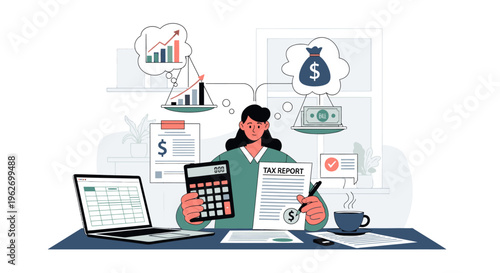 Illustration of a woman sitting at a desk with a laptop, calculator, and papers, surrounded by financial and business-related graphics and icons.
