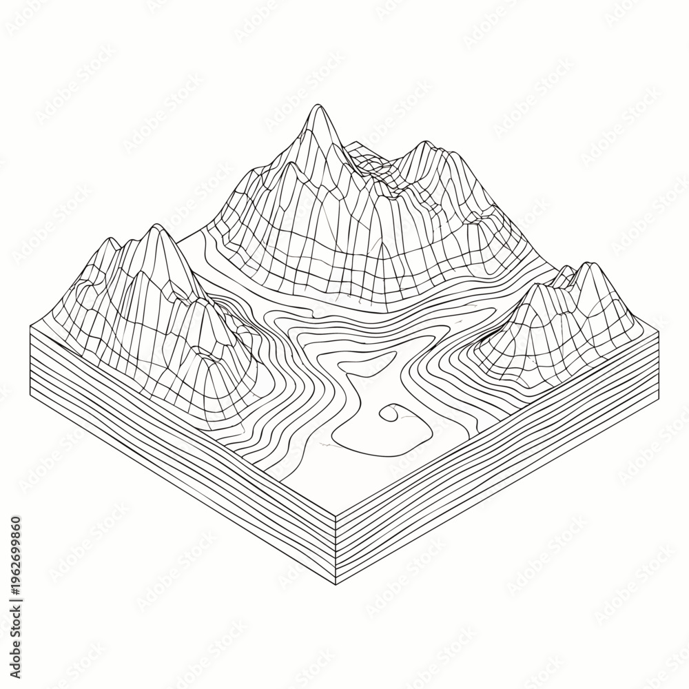 Obraz premium Wireframe isometric landscape with mountains and river, topographic map visualization, abstract 3D terrain model