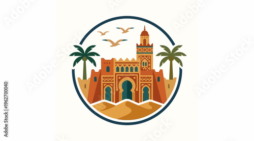 Moroccan Emblem With Mosque Palm Trees and Birds