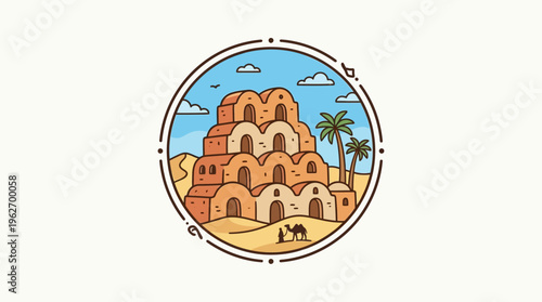 Stylized Cartoon Desert Oasis Scene in a Circle