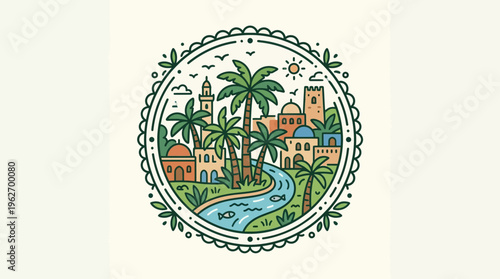 Charming Desert Oasis Scene in Circular Frame