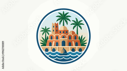 Coastal Scene Emblem with Palms and Buildings