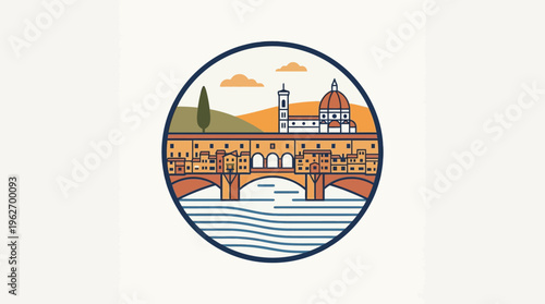 Florence Italy Cityscape in Circular Line Art