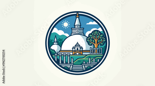 Sri Lankan Temple Scene Inside a Circular Frame