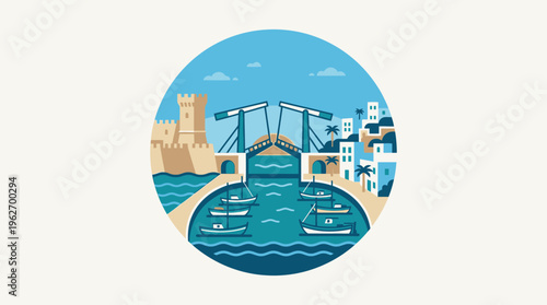 Stylized Coastal Town Scene in a Circle