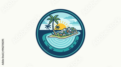 Tropical Island Village Scene in a Decorative Circle