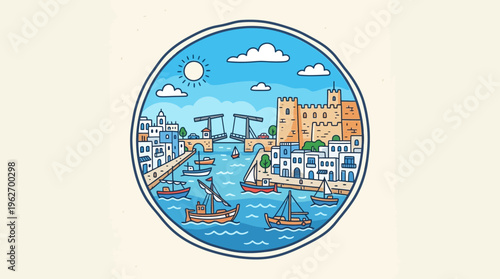 Charming Coastal Town Scene with Boats and Bridge