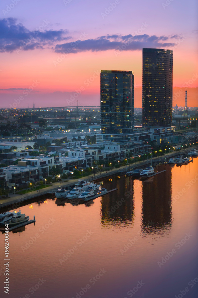 Naklejka premium Melbourne city sunset skyline over the Yarra River Marina, Victoria, Australia