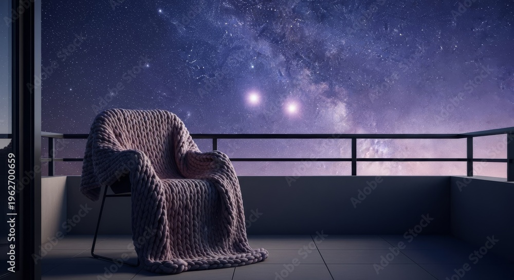 Obraz premium Cozy thick blanket wrapped around a seat on a dark balcony facing a twinkling starry sky, reflecting the quiet mood of late night insomnia, stillness, night, insomnia