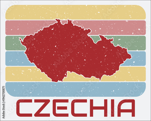 Czechia vintage logo. Shape of the country on retro colored stripes background. Czechia map design with grunge scratch texture. Vector illustration.
