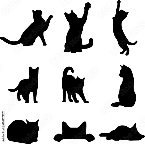 Cat Silhouette Collection Set, Different Poses Domestic Animal Vector Icons 