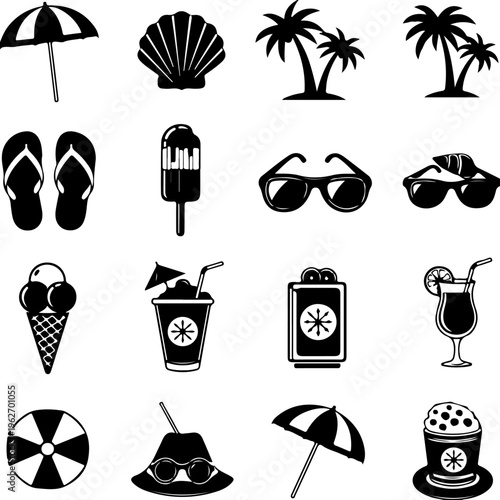 Summer Beach Accessories Silhouette Icon Set, Vacation Travel Elements Collection 