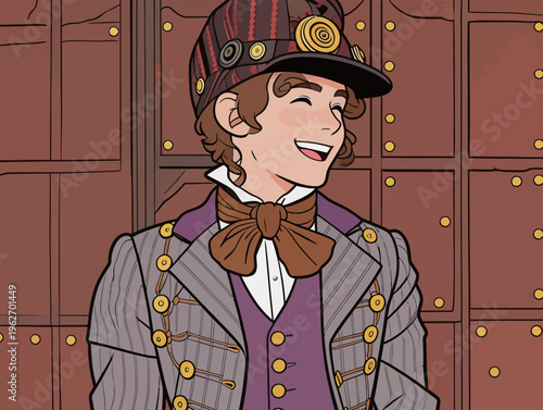 Person in a unique outfit stands and smiles in front of lockers in a setting resembling a vintage train station from the 19th century