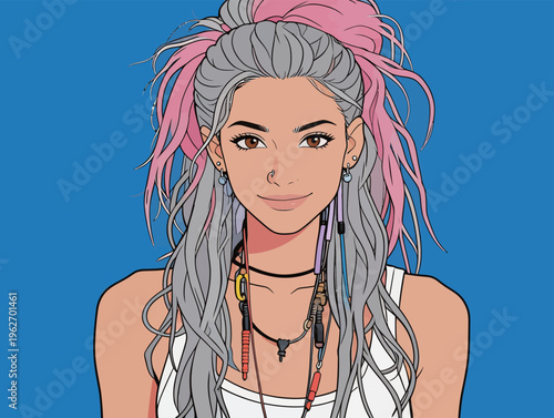 Girl with long hair styled in pink and gray stands in front of a blue background with a confident smile and simple outfit