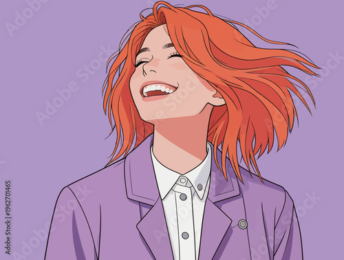 Woman with orange hair smiles while wearing a purple jacket against a plain purple background in an animated style