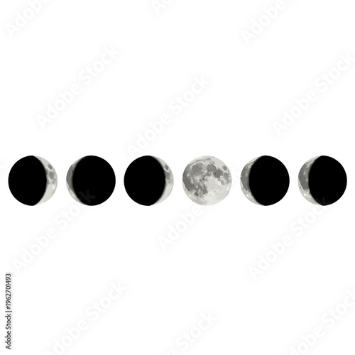 Graphic representation of the moon's celestial cycle, showcasing its iconic phases from darkness to full light in a minimalist, horizontal arrangement