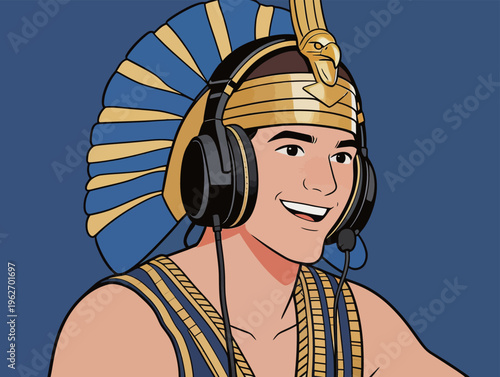 Young man with headset wears Egyptian-style headdress while engaging in gaming activity indoors at home