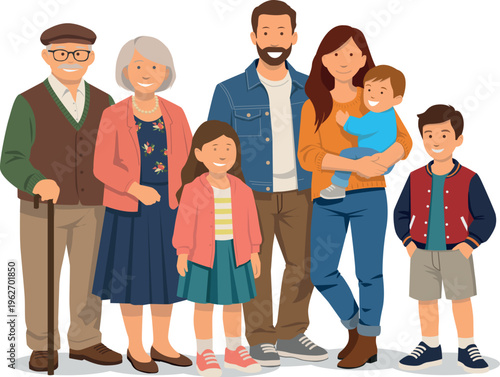 illustration vectorielle montrant une famille unie et souriante sur trois génération, ère, mère, enfants et grands parents
