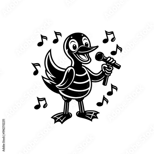 A cartoon duck is singing into a microphone with musical notes surrounding it.