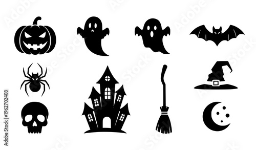 Halloween Icon Set with Pumpkin, Ghosts, Bat, Haunted House, Spider, Skull, Witch Broom, Hat, and Moon for Spooky Holiday Decoration Design