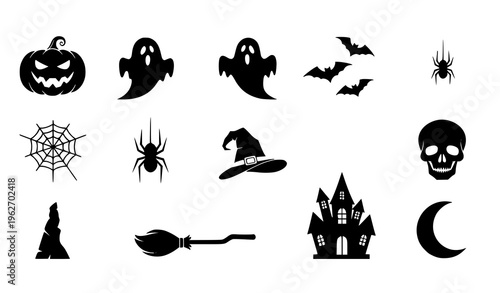 Halloween Icon Set with Pumpkins, Ghosts, Bats, Skulls, Spiders, Webs, Witch Hats, and Spooky Symbols for Holiday Party and Decoration Design