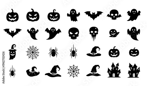 Halloween Icon Set with Pumpkins, Ghosts, Bats, Skulls, Spiders, Webs, Witch Hats, and Spooky Symbols for Holiday Party and Decoration Design
