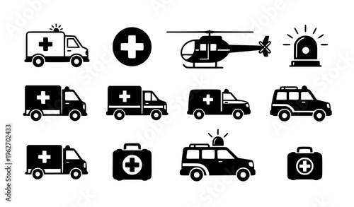 Emergency Medical Vehicle Icon Set with Ambulances, Helicopter Rescue, Police Car, First Aid Symbols, and Siren Lights for Healthcare and Safety Design