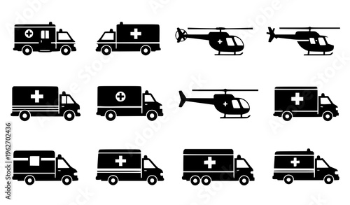 Emergency Ambulance and Helicopter Icon Set with Medical Transport Vehicles, Rescue Units, and Emergency Response Elements for Healthcare and Safety Design