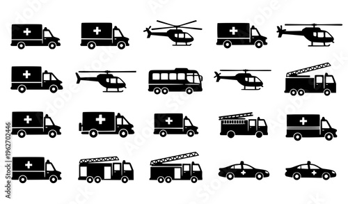 Emergency Vehicle Icon Set with Ambulances, Helicopters, Fire Trucks, Police Cars, and Rescue Transport Elements for Medical, Safety, and Emergency Response Design