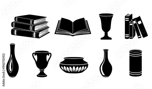 Books and Home Decor Icon Set with Open Books, Stacked Books, Decorative Vases, Containers, and Elegant Interior Elements for Library and Design Use