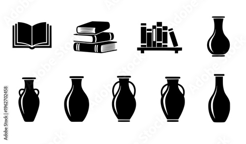 Books and Decorative Vase Icon Set with Open Books, Stacked Books, Bookshelf Collection, and Elegant Home Decor Vases for Library and Interior Design