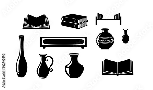 Home Decor and Books Icon Set with Decorative Vases, Shelves, Open Books, and Interior Design Elements for Library, Living Space, and Styling Concepts