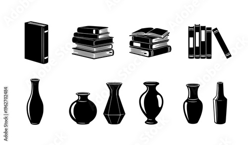 Books and Decorative Vase Icon Set with Stacked Books, Open Books, Book Collection, and Elegant Home Decor Vases for Library and Interior Design