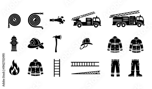 Firefighter and Fire Safety Icon Set with Fire Trucks, Hoses, Hydrant, Ladder, Protective Gear, and Emergency Equipment for Rescue and Safety Design