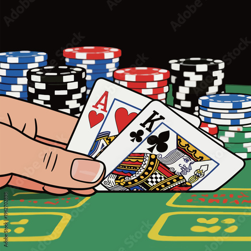 Playing a card game with aces and kings at a casino table in the evening with poker chips stacked in background